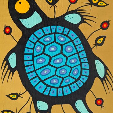 A turtlle floats on a mustard background