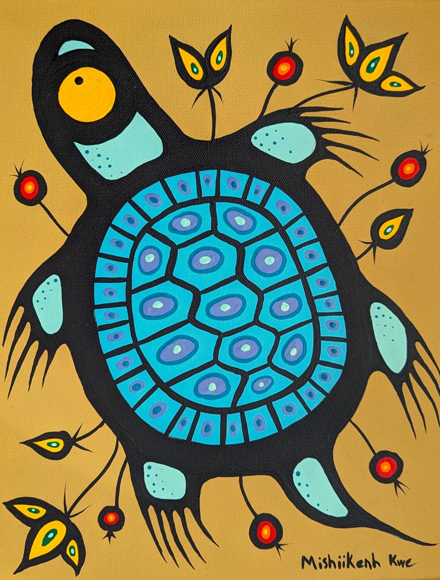 A turtlle floats on a mustard background