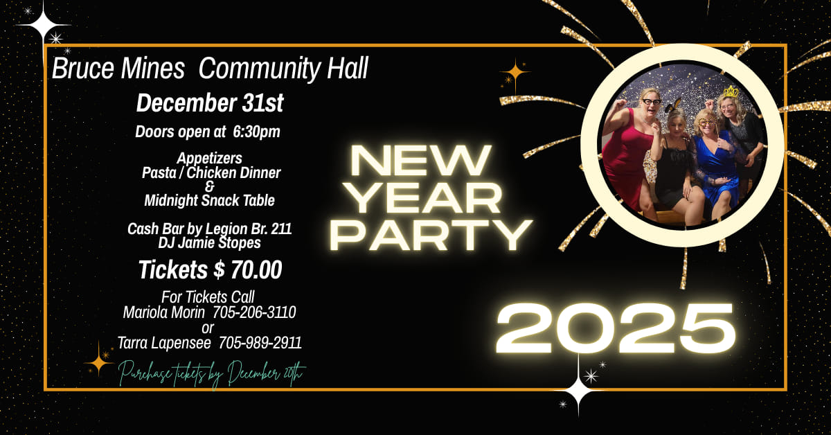 Poster for new years party at Bruce mine's community hall